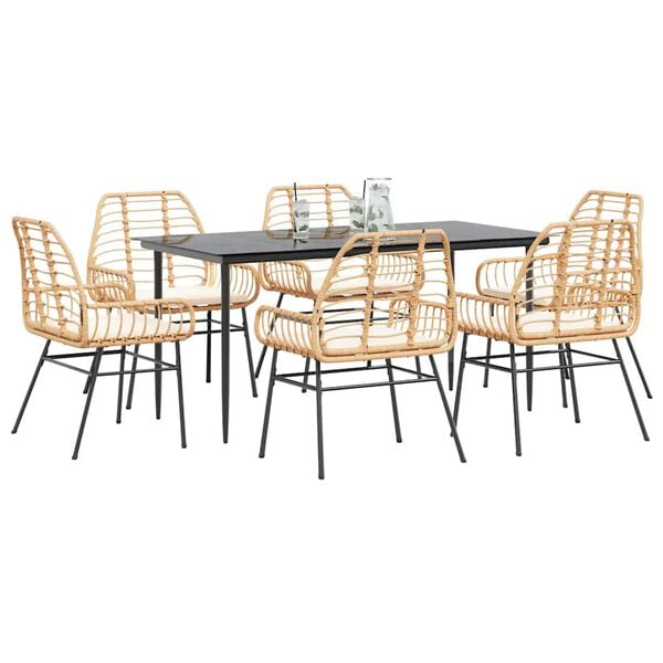 vidaXL 7 Piece Garden Dining Set with Cushions Brown Poly Rattan Glass