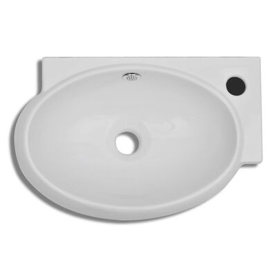 Ceramic Sink Basin Faucet & Overflow Hole Bathroom White