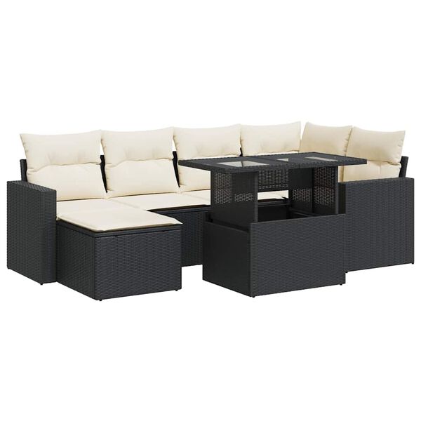 vidaXL 7 Piece Garden Sofa Set with Cushions Black Poly Rattan