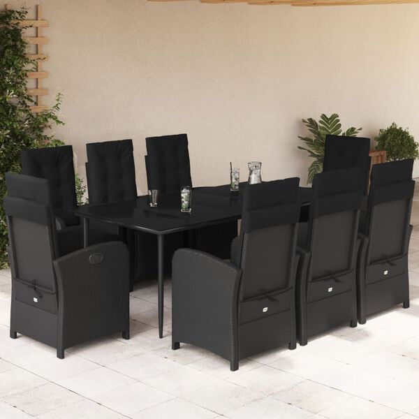 vidaXL 9 Piece Garden Dining Set with Cushions Black Poly Rattan