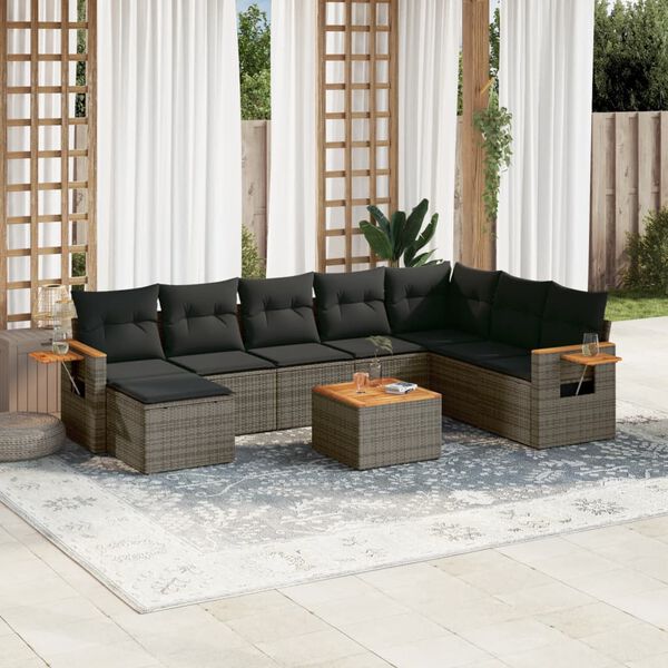 vidaXL 9 Piece Garden Sofa Set with Cushions Grey Poly Rattan