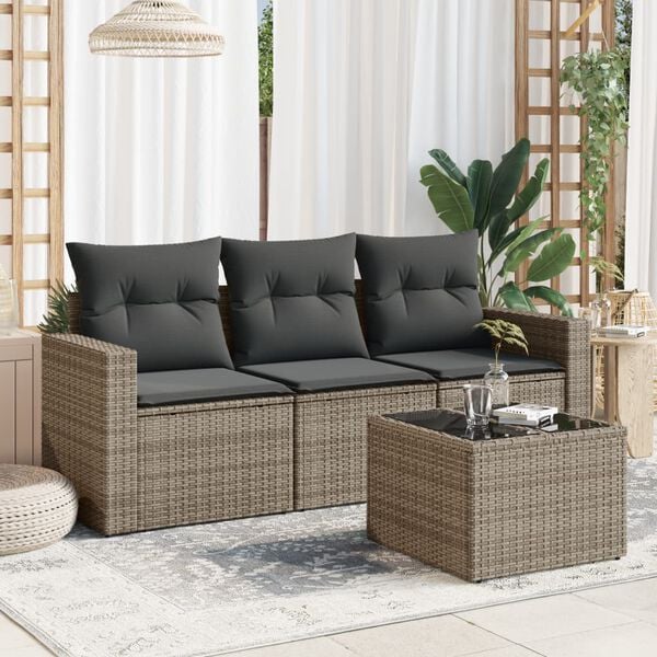 vidaXL 4 Piece Garden Sofa Set with Cushions Grey Poly Rattan