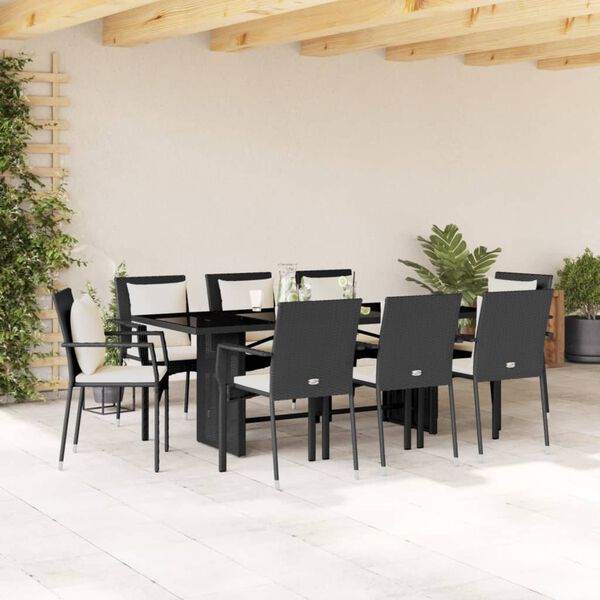 vidaXL 9 Piece Garden Dining Set with Cushions Black Poly Rattan