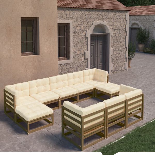 vidaXL 10 Piece Garden Lounge Set&Cushions Honey Brown Solid Pinewood