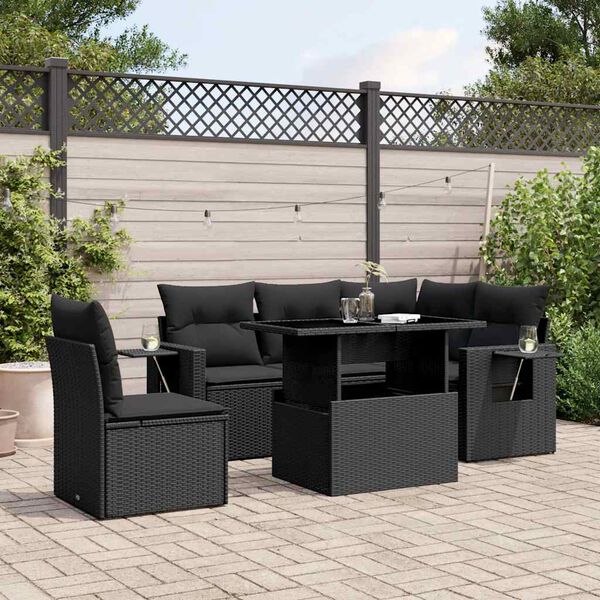 vidaXL 6 Piece Garden Sofa Set with Cushions Black Poly Rattan