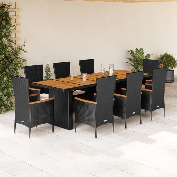 vidaXL 9 Piece Garden Dining Set with Cushions Black Poly Rattan