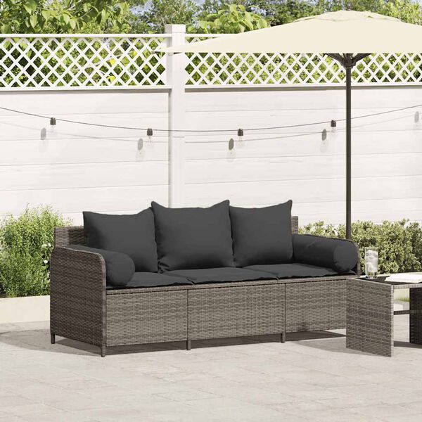 vidaXL Garden Sofa with Cushions 3-Seater Grey Poly Rattan