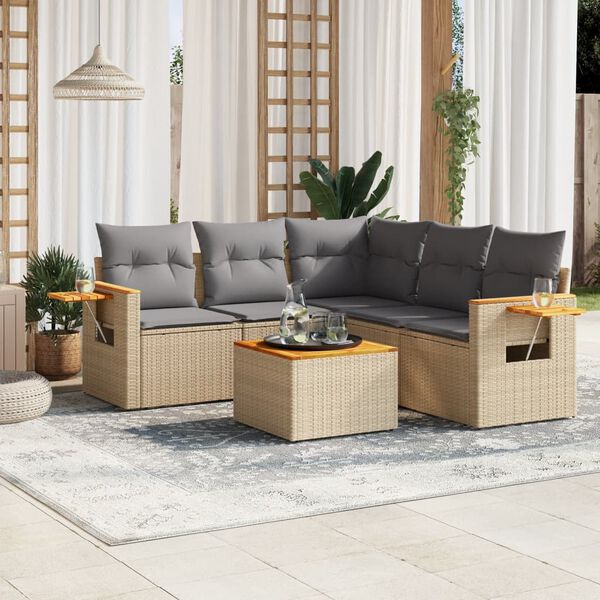 vidaXL 6 Piece Garden Sofa Set with Cushions Beige Poly Rattan