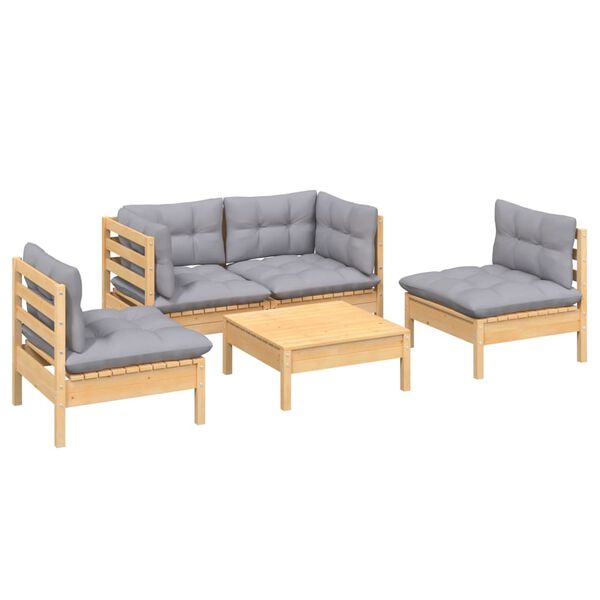 vidaXL 5 Piece Garden Lounge Set with Grey Cushions Solid Pinewood