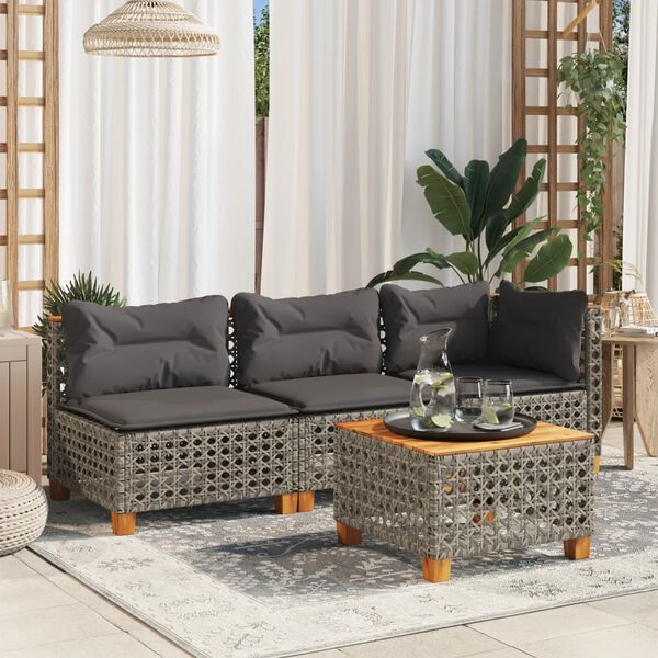 vidaXL Garden Sofa with Cushions 3-Seater Grey Poly Rattan