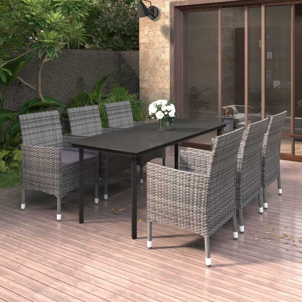 vidaXL 7 Piece Garden Dining Set with Cushions Poly Rattan and Glass