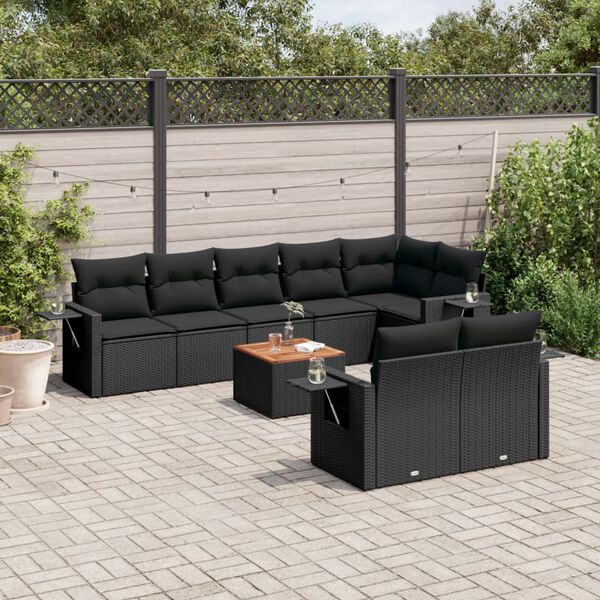vidaXL 9 Piece Garden Sofa Set with Cushions Black Poly Rattan