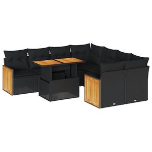 vidaXL 9 Piece Garden Sofa Set with Cushions Black Poly Rattan Acacia