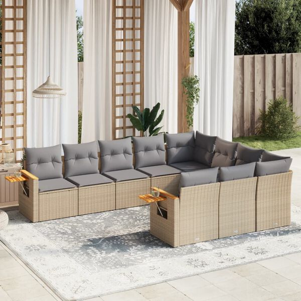 vidaXL 10 Piece Garden Sofa Set with Cushions Beige Poly Rattan