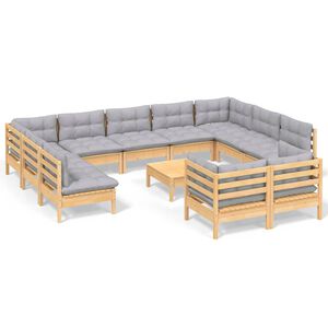vidaXL 12 Piece Garden Lounge Set with Grey Cushions Solid Pinewood