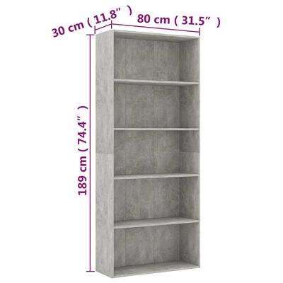 vidaXL 5-Tier Book Cabinet Concrete Grey 80x30x189 cm Engineered Wood