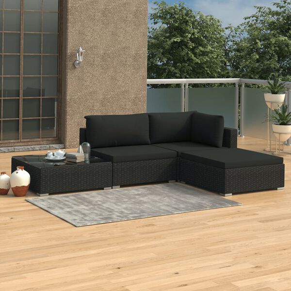 vidaXL 4 Piece Garden Lounge Set with Cushions Poly Rattan Black