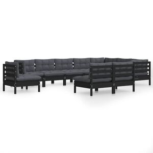 vidaXL 10 Piece Garden Lounge Set with Cushions Black Solid Pinewood