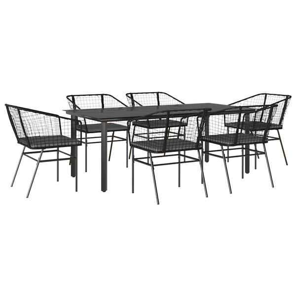 vidaXL 7 Piece Garden Dining Set with Cushions Black Poly Rattan Glass