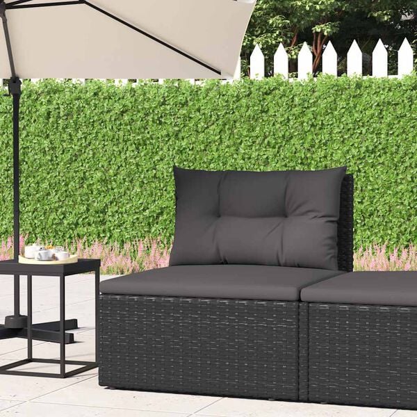vidaXL Garden Middle Sofa with Cushions Black Poly Rattan