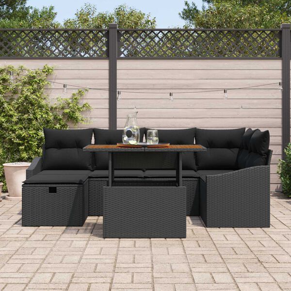 vidaXL Garden Sofa Set Height-Adjustable 7 pcs Black Poly Rattan