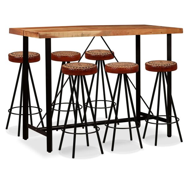 vidaXL Bar Set 7 Pieces Solid Wood Acacia. Genuine Leather & Canvas
