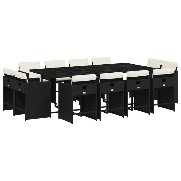 vidaXL 13 Piece Garden Dining Set with Cushions Black Poly Rattan