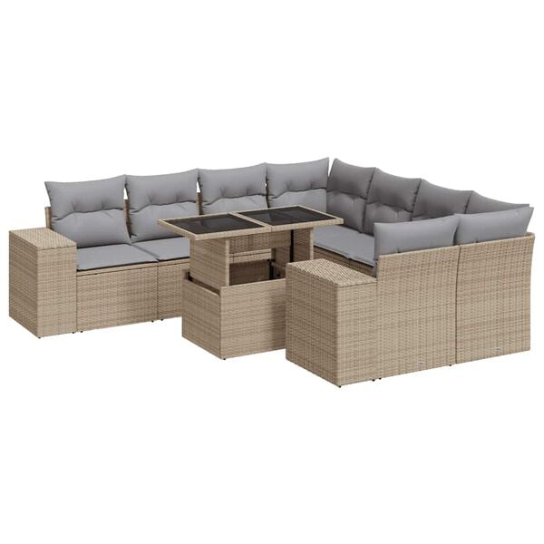 vidaXL 9 Piece Garden Sofa Set with Cushions Beige Poly Rattan