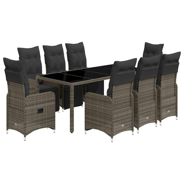 vidaXL 9 Piece Garden Bistro Set with Cushions Grey Poly Rattan