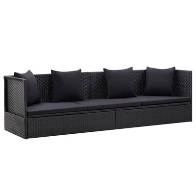 vidaXL Garden Bed with Cushion and Pillow Poly Rattan Black