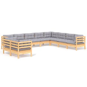 vidaXL 10 Piece Garden Lounge Set with Grey Cushions Solid Pinewood