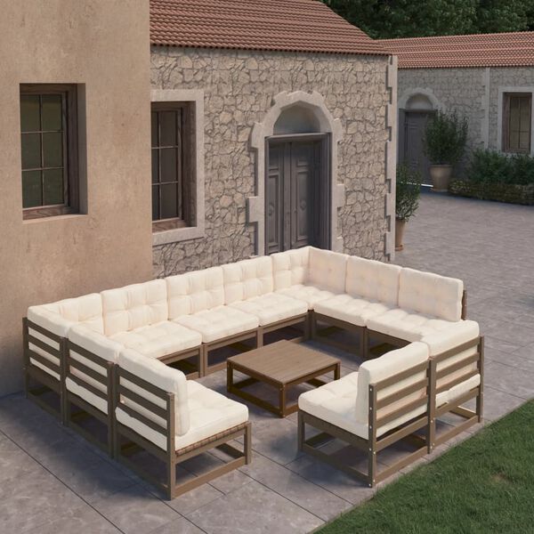 vidaXL 10 Piece Garden Lounge Set&Cushions Honey Brown Solid Pinewood