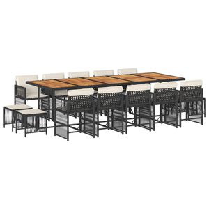 vidaXL 15 Piece Garden Dining Set with Cushions Black Poly Rattan