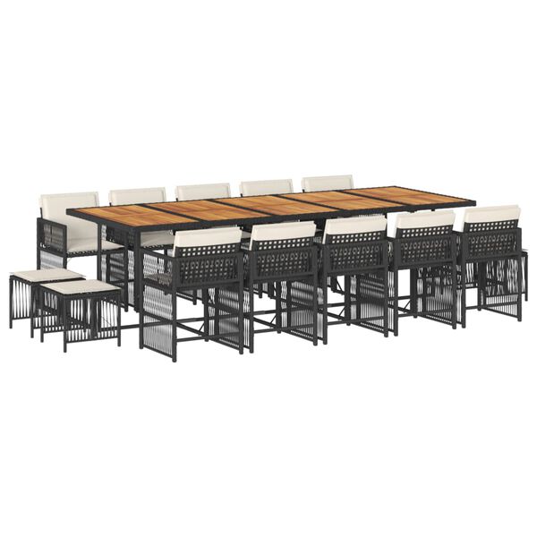 vidaXL 15 Piece Garden Dining Set with Cushions Black Poly Rattan