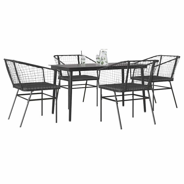 vidaXL 5 Piece Garden Dining Set with Cushions Black Poly Rattan Glass