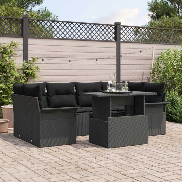 vidaXL Garden Sofa Set with Cushion 7 pcs Black Poly Rattan