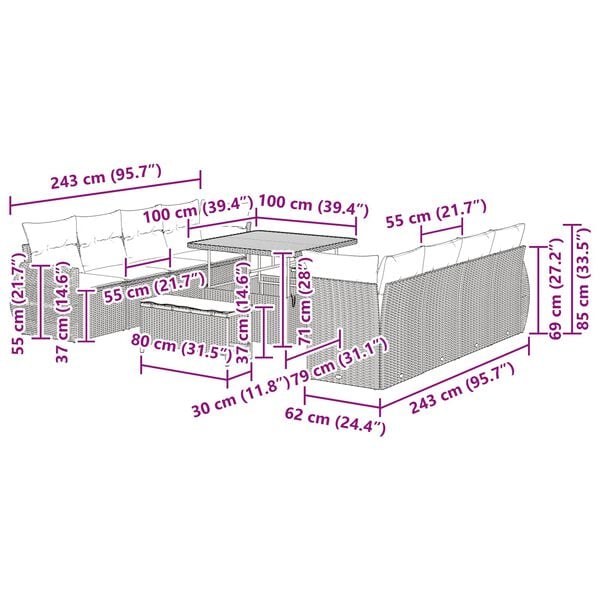 vidaXL Garden Sofa Set with Storage 11 pcs Black Poly rattan