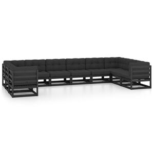 vidaXL 10 Piece Garden Lounge Set with Cushions Black Solid Pinewood
