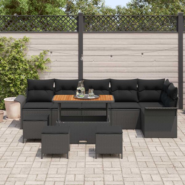vidaXL Garden Sofa Set with Cushion 10 pcs Black Poly Rattan