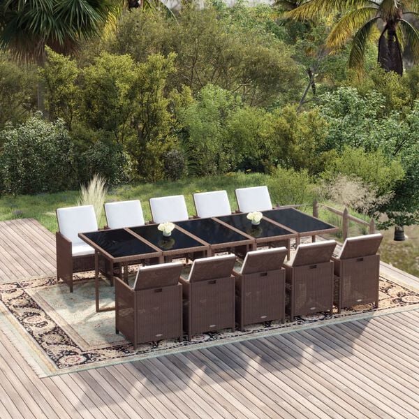 vidaXL 11 Piece Garden Dining Set with Cushions Poly Rattan Brown