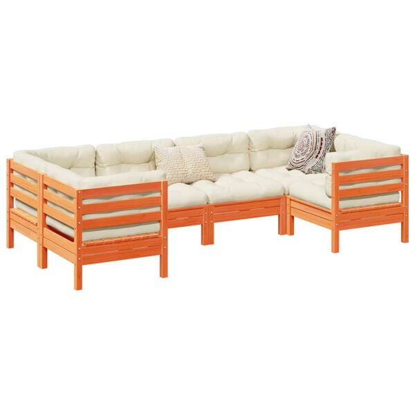 vidaXL 6 Piece Garden Sofa Set with Cushions Wax Brown Solid Wood Pine