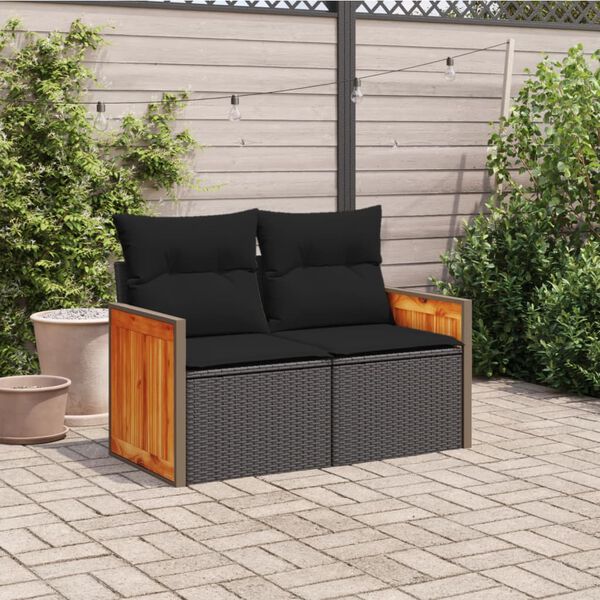 vidaXL Garden Sofa with Cushions 2-Seater Black Poly Rattan
