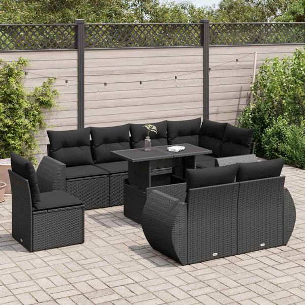 vidaXL 9 Piece Garden Sofa Set with Cushions Black Poly Rattan