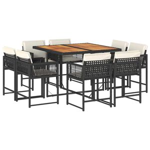 vidaXL 9 Piece Garden Dining Set with Cushions Black Poly Rattan
