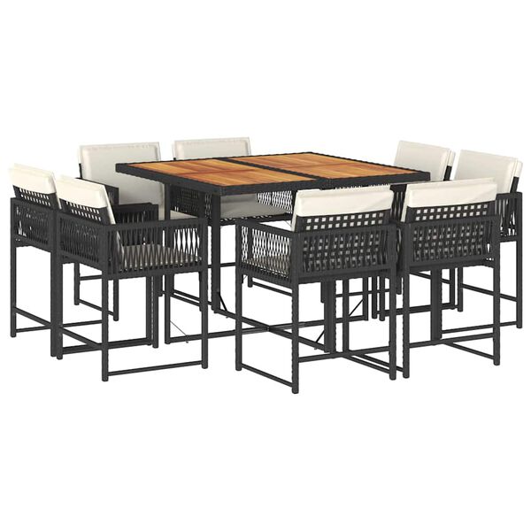 vidaXL 9 Piece Garden Dining Set with Cushions Black Poly Rattan
