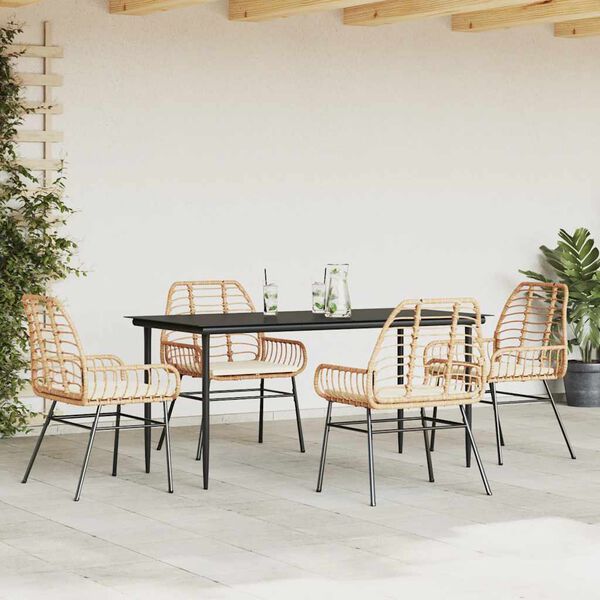 vidaXL 5 Piece Garden Dining Set with Cushions Brown Poly Rattan Glass