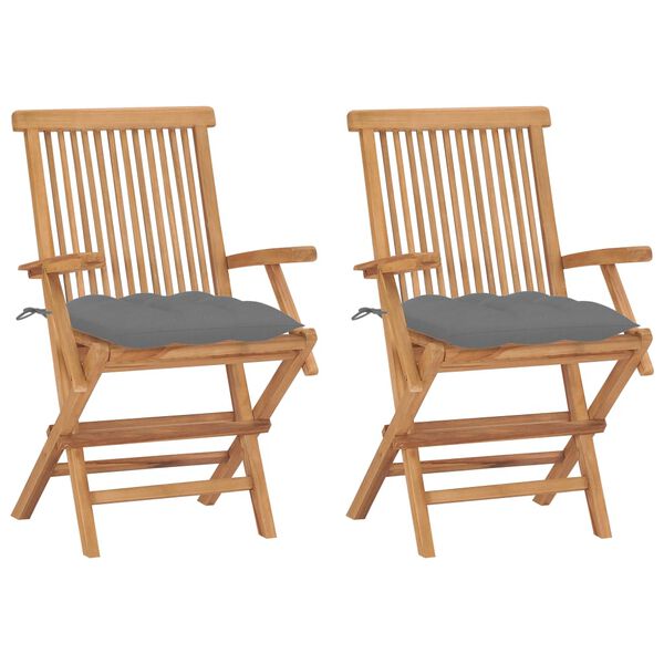 vidaXL Garden Chairs with Grey Cushions 2 pcs Solid Teak Wood