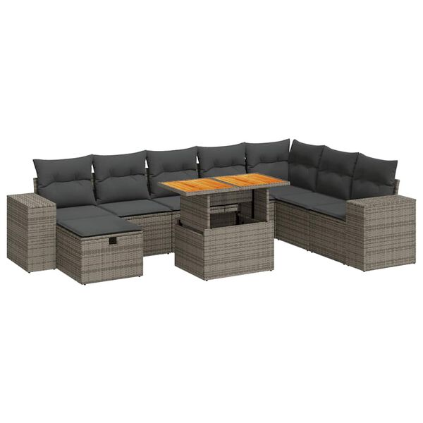 vidaXL 9 Piece Garden Sofa Set with Cushions Grey Poly Rattan Acacia
