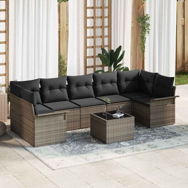 vidaXL Garden Sofa Set with Cushion 8 pcs Grey Poly Rattan