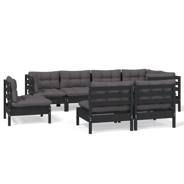 vidaXL 8 Piece Garden Lounge Set with Cushions Black Solid Pinewood